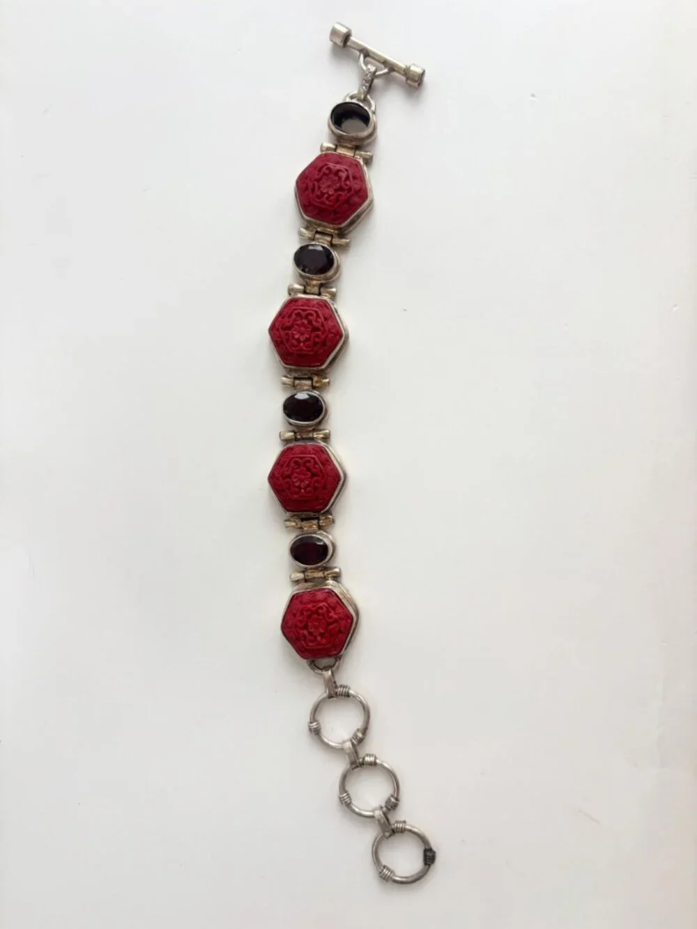 Cinnabar Hand Carved Sterling Silver Octagon Vintage Chainlink 925 Bracelet